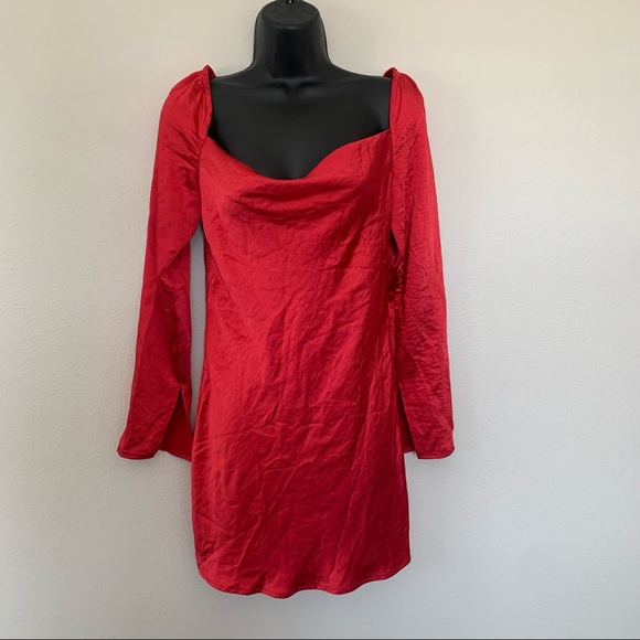 Princess Polly Star Power Red Satin Long Sleeve Cowl Neck Mini Dress - Picture 3 of 11